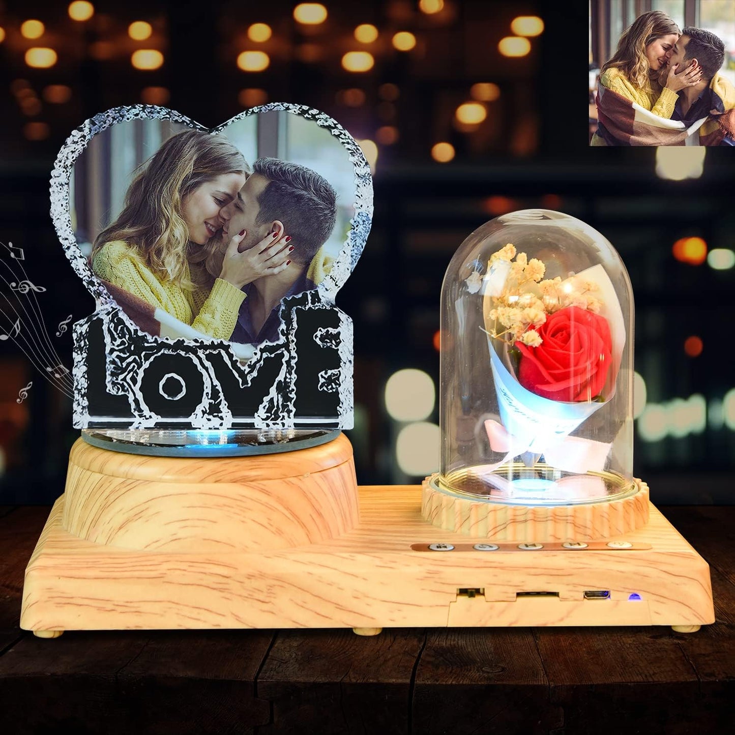 Crystal Print with Your Photo, Heart-Shaped Love Photo Custom Night Light Personalized Lamp with Bluetooth Rose Audio, Crystal Photo Frame Best Gift for Couple Love Women Men Wedding Christmas