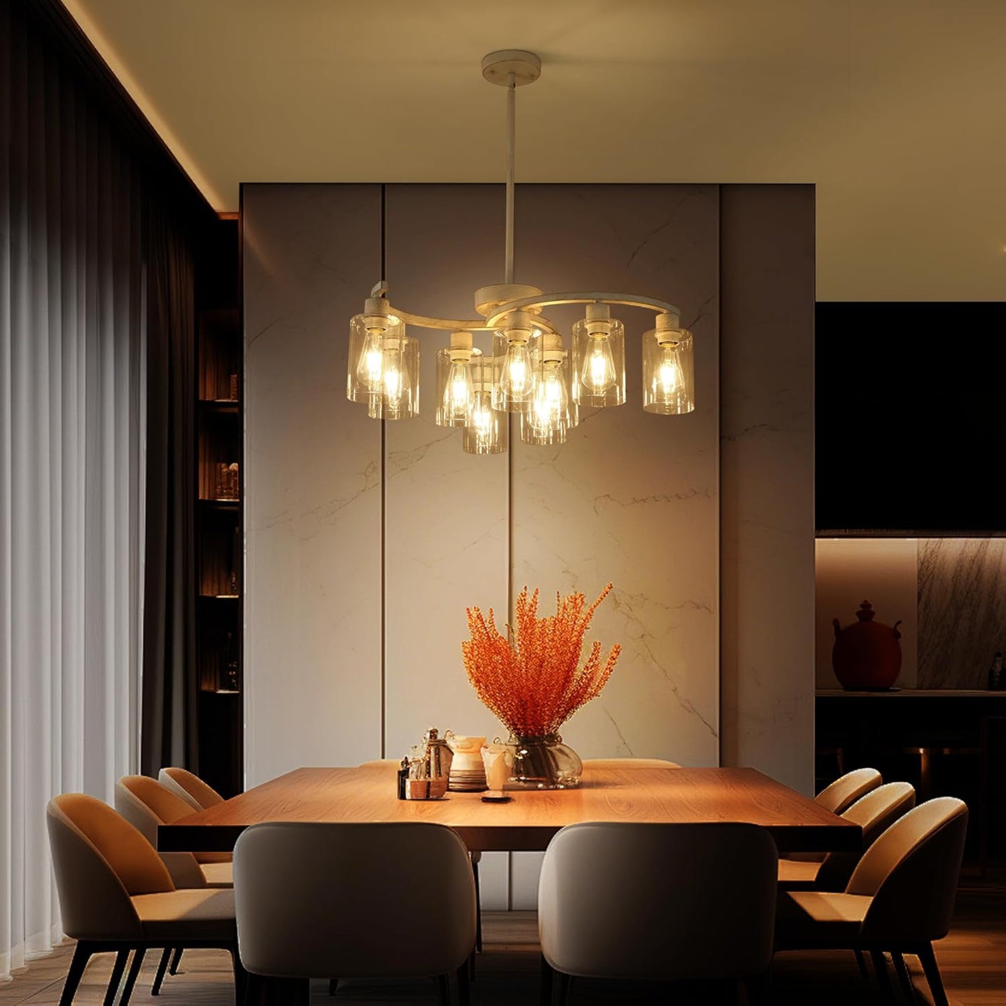 9-Light Antique White Chandelier with Clear Glass Shade, French Country Chandeliers for Dining Room, Adjustable Height Hanging Chandelier for Kitchen Island Living Room Foyer Bedroom