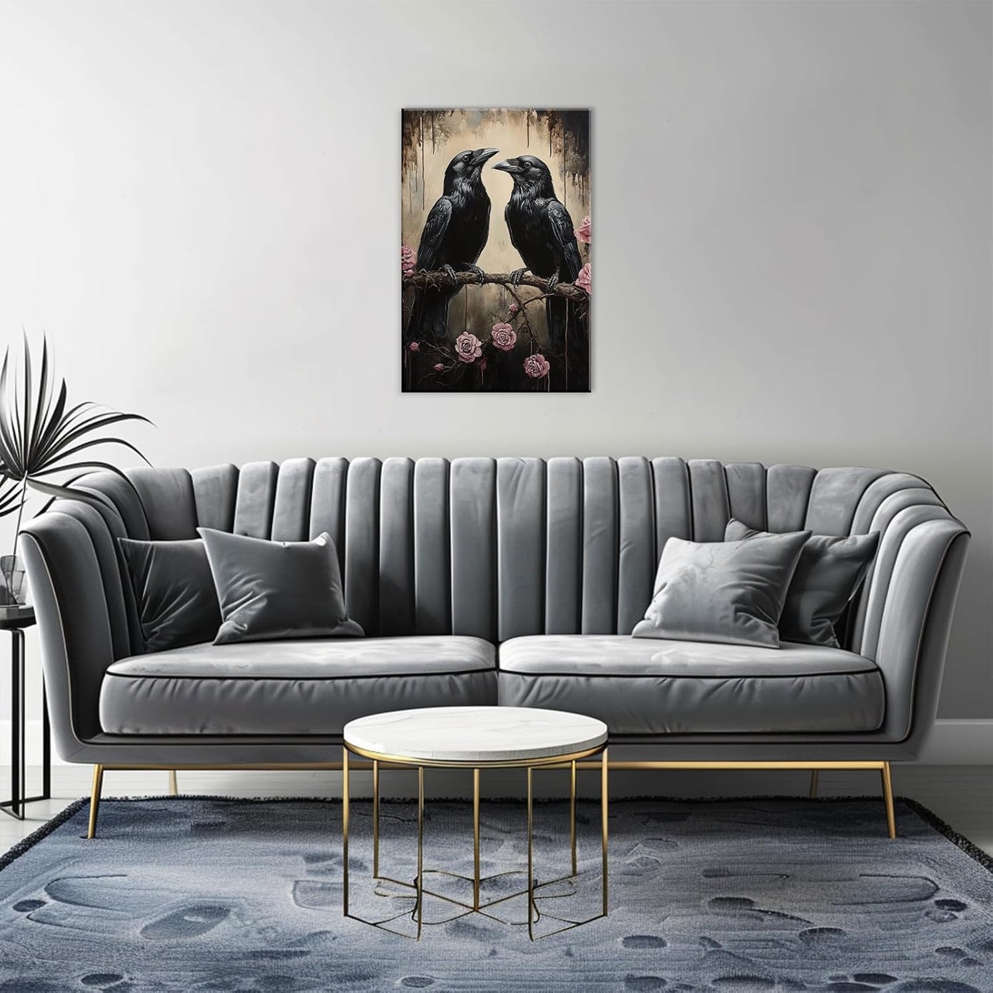 OAAPITI Crow Canvas Wall Art Black Raven Picture Print Pink Rose Poster Vintage Gothic Painting Artwork for Living Room Halloween Decor(Artwork-6,12"x18")