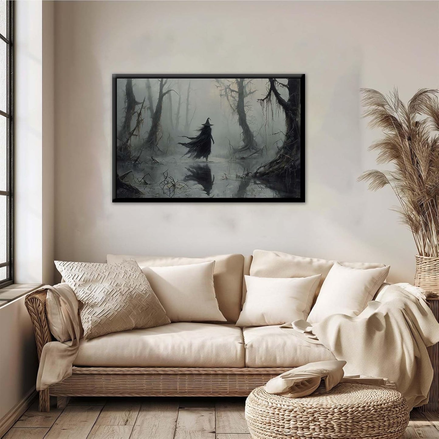 JFHCQJPK Vintage rustic swamp witch poster dark moody wall art gothic horror season halloween print for home decor retro dark moody painting16x24in Metal blackFramed