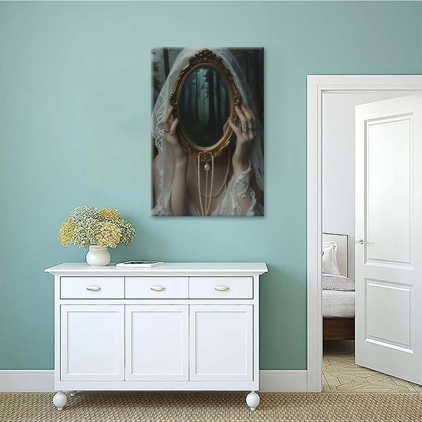 Mirror face covering dark art poster print melancholy gothic painting vintage feminine print victorian style decoration antique art32x48in Frameless