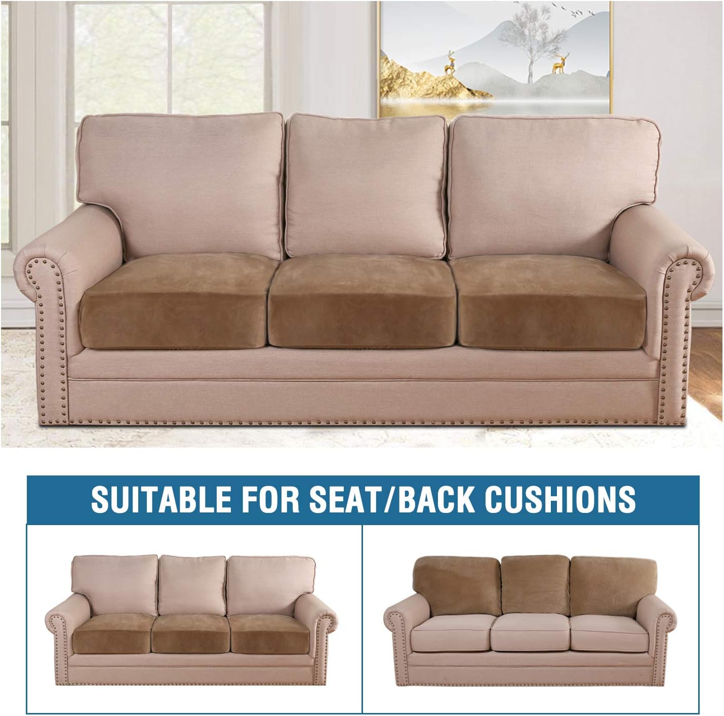 H.VERSAILTEX Velvet Stretch Couch Cushion Cover Plush Cushion Slipcover for Chair Loveseat Sofa Cushion Furniture Protector Seat Cushion Sofa Cover (3 Piece XL Sofa Cushion Covers, Camel)