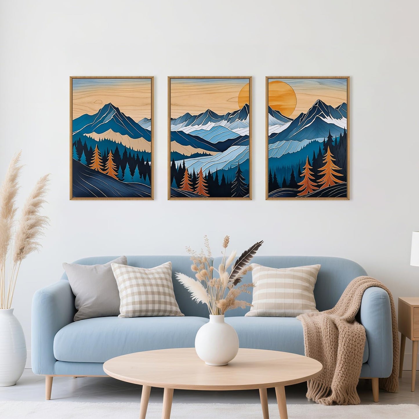 Celestdeco Blue Woodcut Mountain Framed Canvas Wall Art Set, Boho Abstract Ridge Wall Decor, Pine Tree Landscape Wall Painting, Sunrise Forest Art Print for Living Room, Bedroom, Office - 24"X36"X3