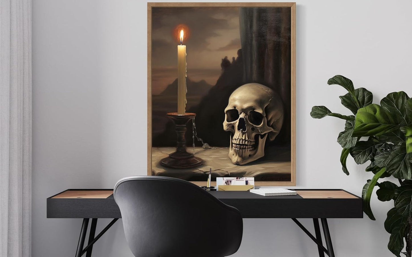 Skull and Candle Poster Art Print, Halloween Scary Vintage Wall Art Academia Spooky Painting Decoration for Horror Prints, Gothic Posters Bedroom Decor 89 (Skull and Candle, 11 x 14 inches, Wood Frame)