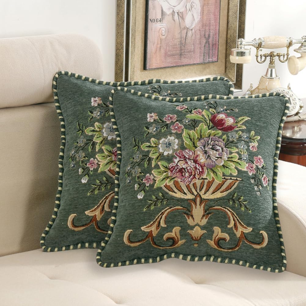 Set of 2 Spring Chenille Vintage Green Throw Pillows Covers 18x18in Sofa Couch Pillows for Living Room Floral Embroidered Cushion Cover for Bed Chairs Car
