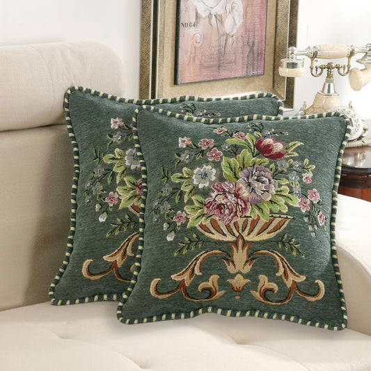 Set of 2 Spring Chenille Vintage Green Throw Pillows Covers 18x18in Sofa Couch Pillows for Living Room Floral Embroidered Cushion Cover for Bed Chairs Car