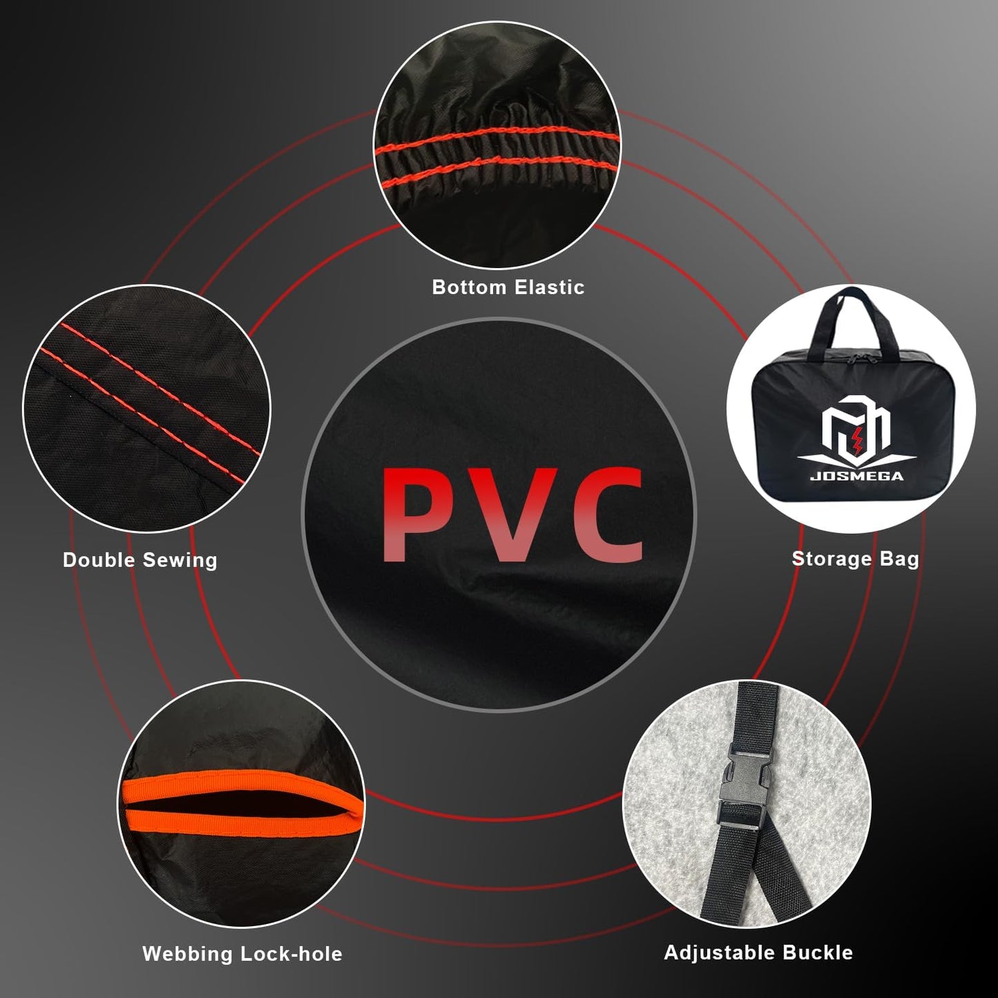 Motorcycle Cover | Heavy Duty PVC | Soft Inner Cotton | Waterproof Outdoor | All Season Universal | 4 Reflective Strips | 3 Windproof Straps | 1 Lock Hole | 1 Storage Bag | (Black, XXL, 104")