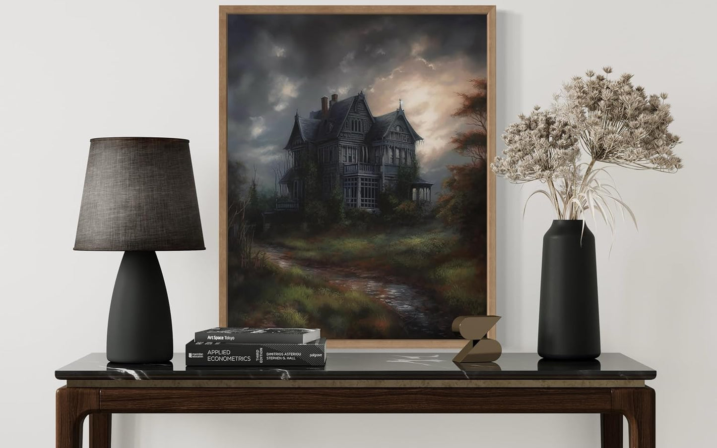 Haunted House Poster Art Print, Halloween Scary Vintage Wall Art Academia Spooky Painting Decoration for Horror Prints, Gothic Posters Bedroom Decor 89 (Haunted House, 11 x 14 inches, Wood Frame)