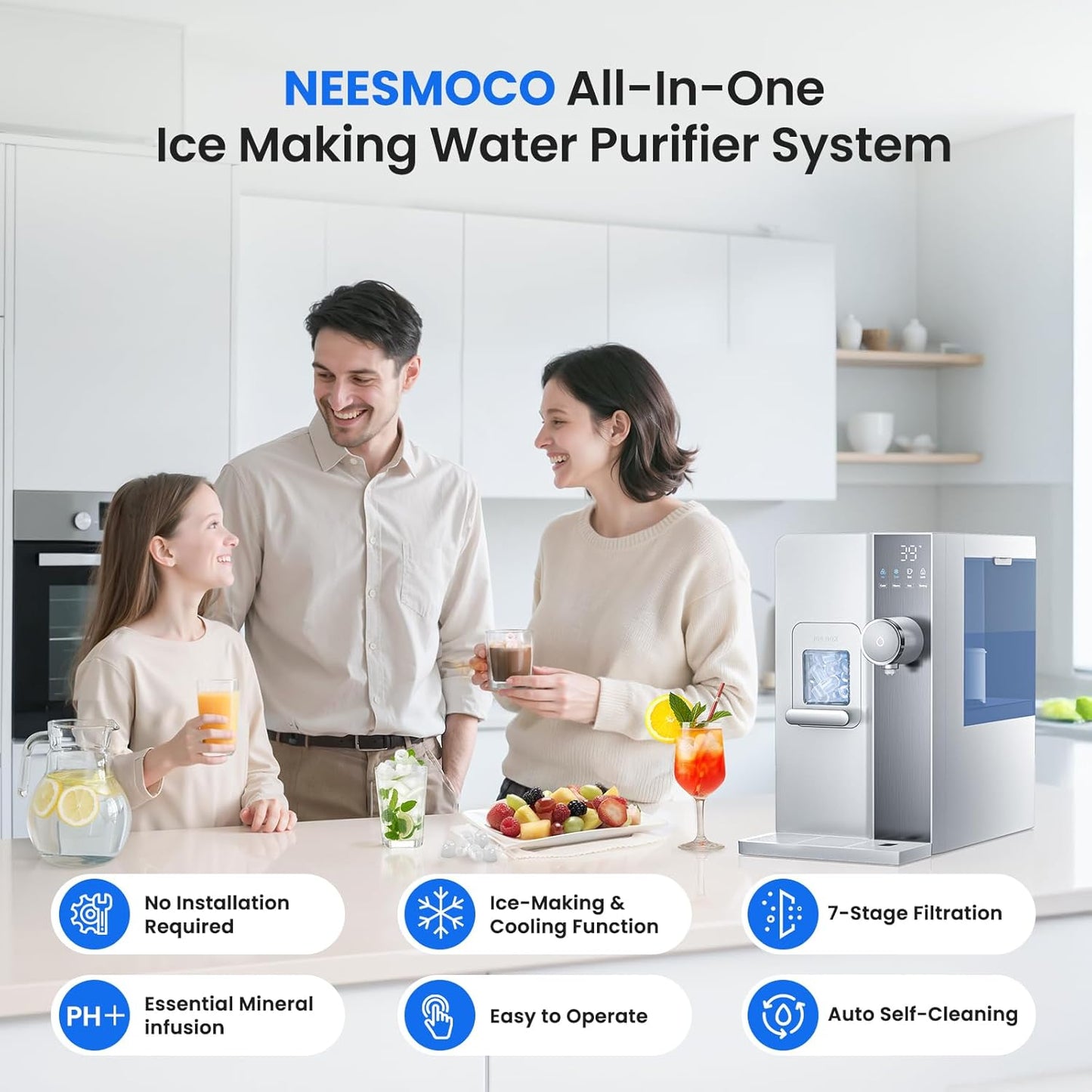 Ice Maker Water Filter Dispenser, 3 in1 Countertop Instant Hot & Cold Water -7 Stage Purification with Remineralization 7 Temperature & 5 Dispensing Volume Options Portable No Installation.