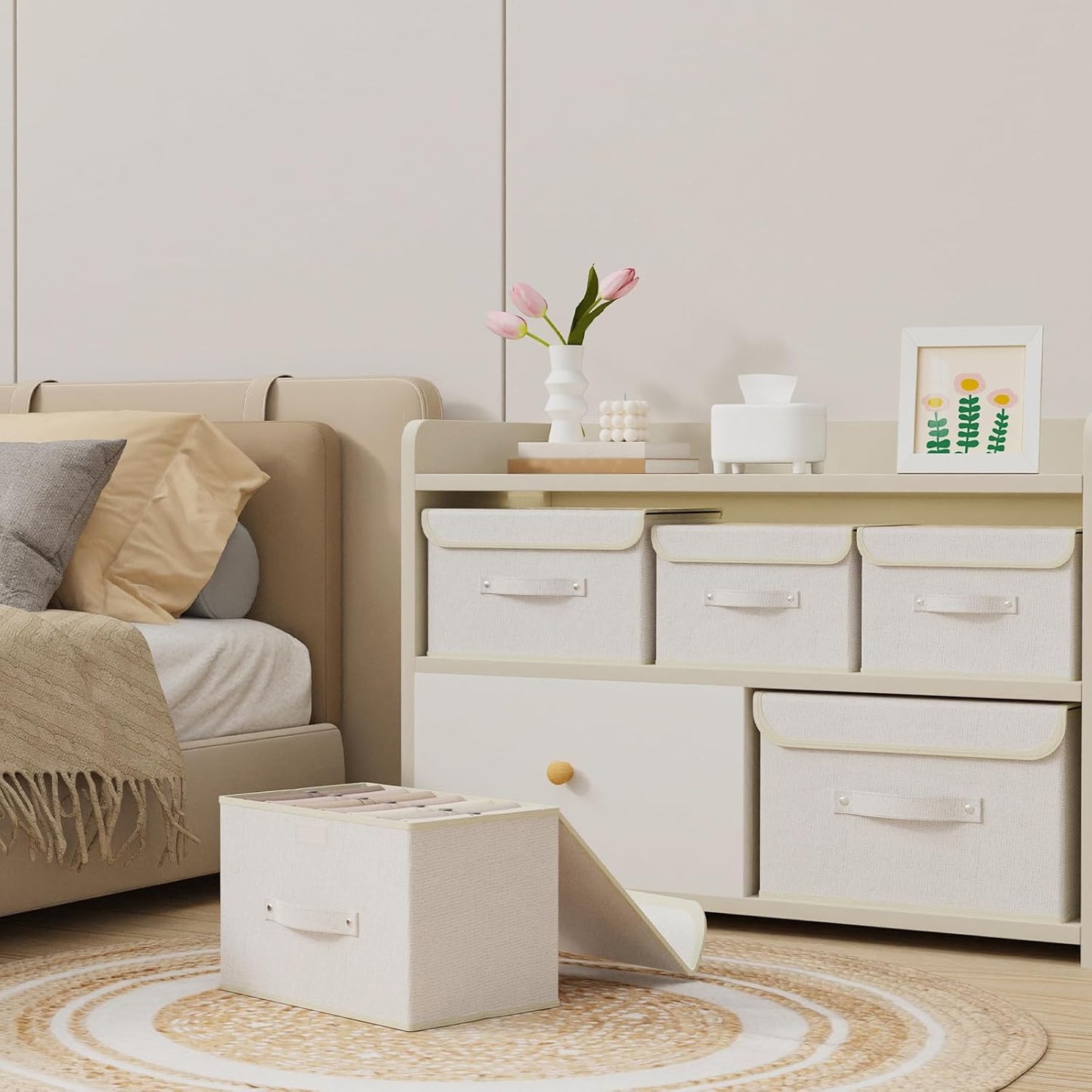 Fabric Storage Bins Cube Organizers with Flip-Top Lid and Handles,Storage Boxes for Organizing Home,Office,and Closet,Beige,3 Pack 10.2 X 7.9 X 6.7 in