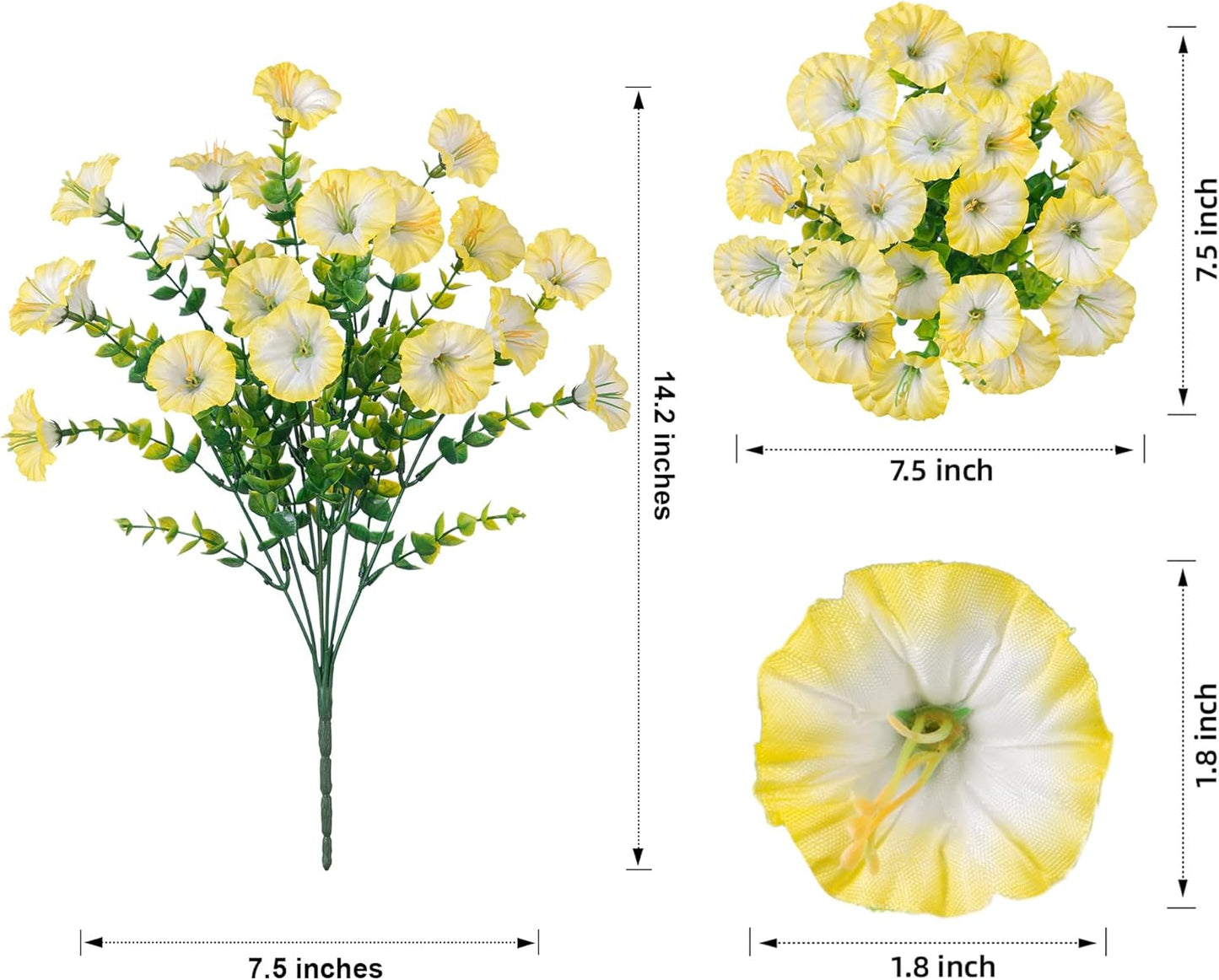 Artificial Flowers for Outdoors Fake Plants Outside Decoration, 12 Bundles Silk Colorful Morning Glory with Eucalyptus UV Resistant Realistic Faux Flowers for Planter Porch Patio Yard Indoor