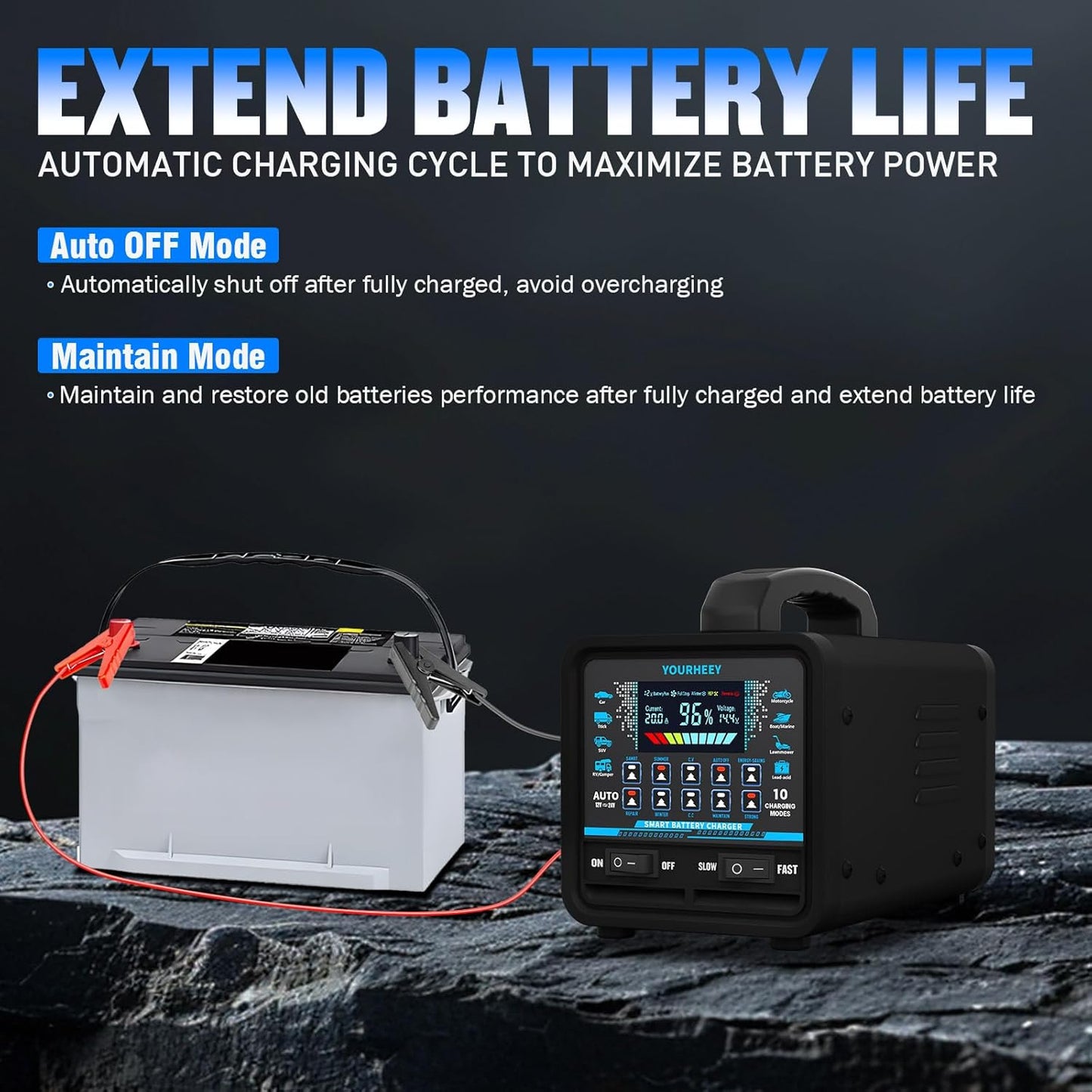 12V/24V 0-20A Heavy Duty Battery Charger/Maintainer with Auto Shutoff, Repair & Winter Mode, 10 Modes & Color Screen for Car, Truck, Motorcycle, RV, Boat, Lawn Mower, cargador de batería de carro