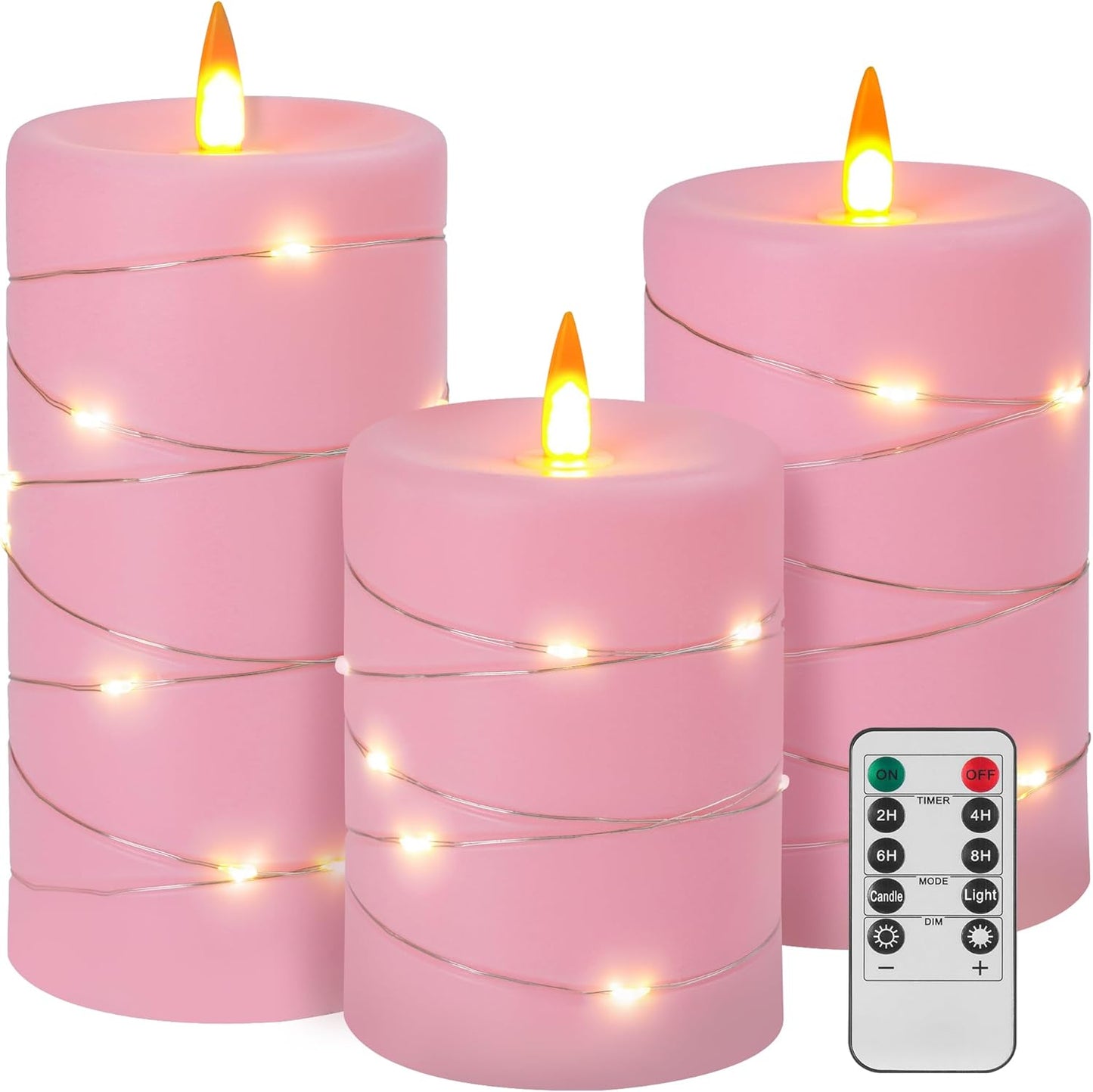 Rose Pink Flameless Candles with String Lights Battery Operated Flickering LED Pillar Candles 4‘’ 5‘’ 6‘’ Candle with Remote Control, Set of 3