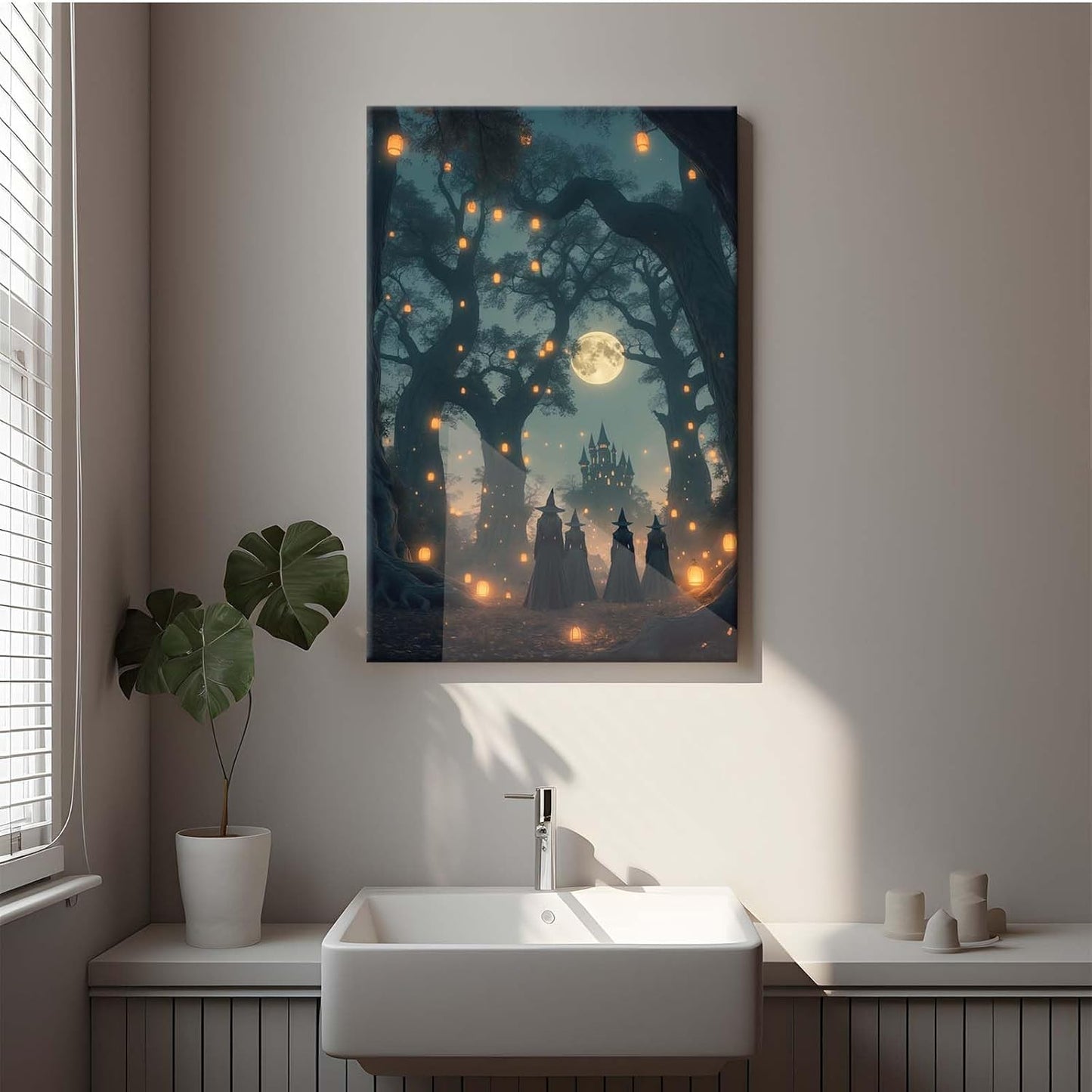 JFHCQJPK Mysterious creek painting witch and castle in magic forest art print canvas gothic print dark college decoration poster for home bedroom32x48in Frameless