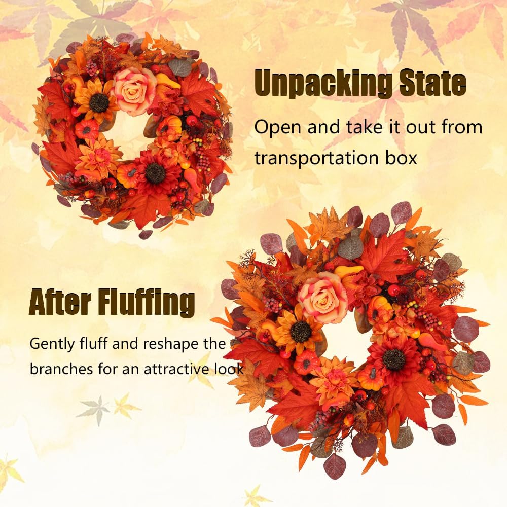 24" Fall Wreath for Front Door Outside - Sunflower, Pumpkin, Berry & Maple Leaves | Weatherproof Autumn Outdoor Wreaths with Hanger Hook for Thanksgiving, Harvest