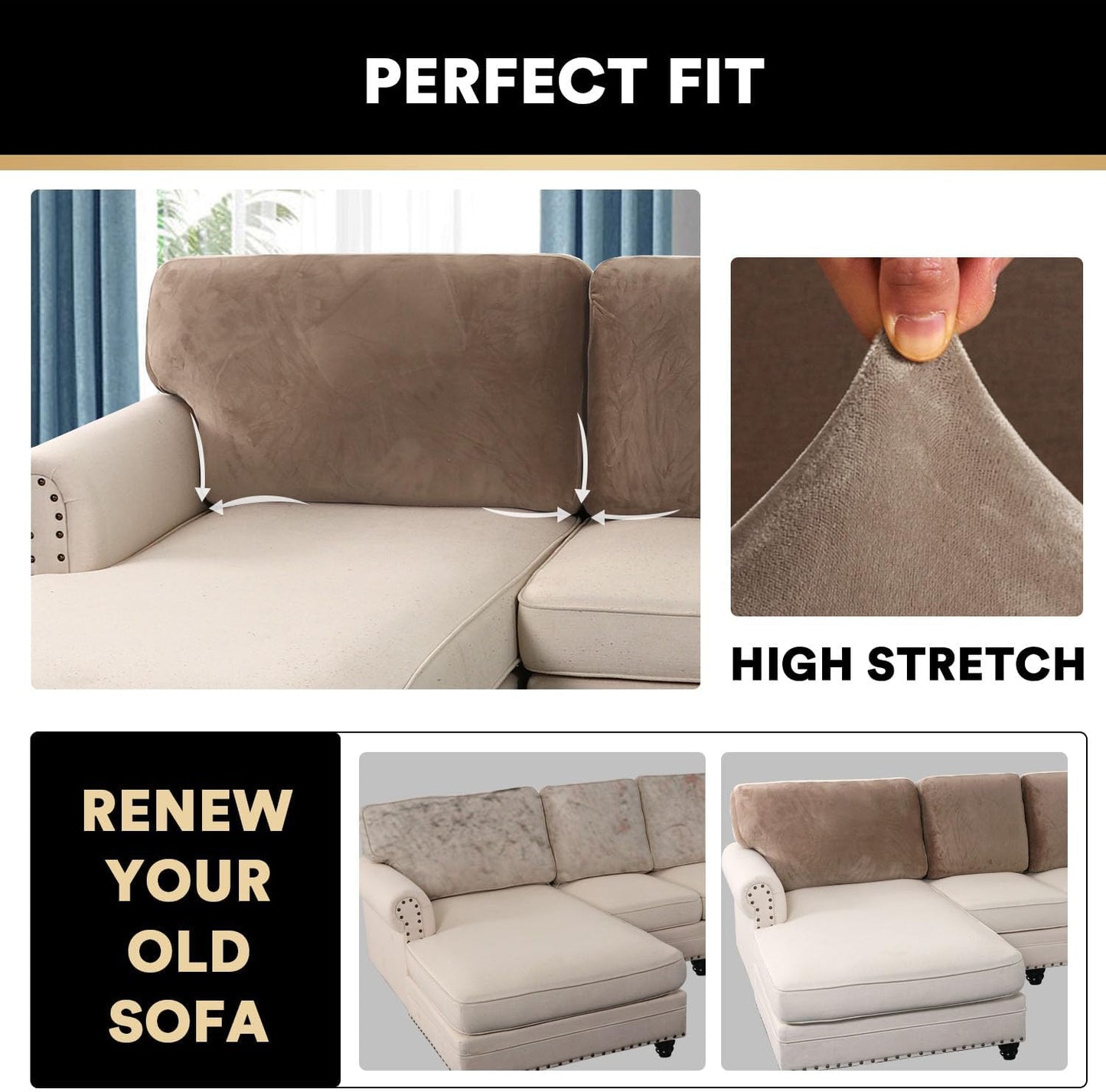 PrinceDeco Sectional Couch Covers Velvet Cushion Covers for Sectional Couch Cushion Covers for Sectional Sofa Separate Sectional Sofa Slipcovers Washable(1 Chaise Back+ 2 Sofa Back,Taupe)