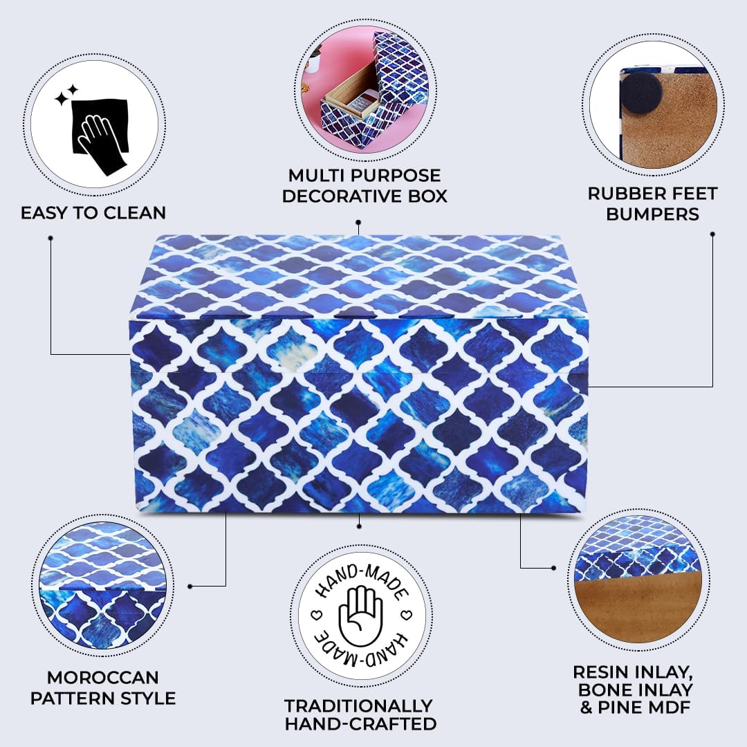 Handicrafts Home Handmade Moroccan Pattern Inspired Decorative Box - Large Storage Organizer for Neck Chains, Watches, Memory Keepsakes - Boho Style Treasure Box, Multipurpose Gift - Blue, 10x5x5