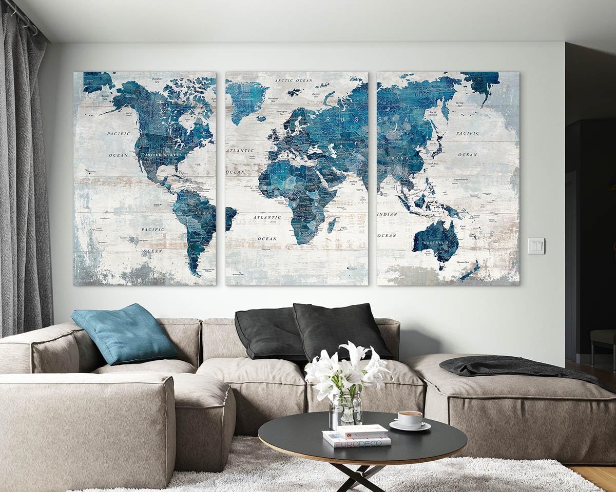 Large Wall Art Canvas Wall Decor Living Room Vintage Giant Blue Map Pictures Office Decorations Rustic Decor Travel Paintings Oversized
