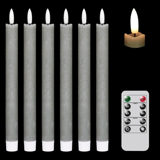 GenSwin Flameless Grey Taper Candles Flickering with 10-Key Remote, Battery Operated Led Warm 3D Wick Light Window Candles Real Wax Pack of 6, Christmas Home Wedding Decor(0.78 X 9.64 Inch)