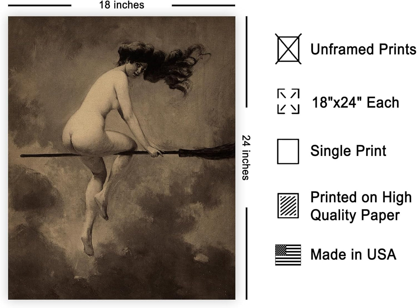 Poster Master Vintage Albert Joseph Penot Poster - Retro Halloween Print - Gift for Artist, Friend - Departure for the Sabbath, Naked Witch on Broom - Wall Decor for Bedroom, 18x24 Unframed Wall Art