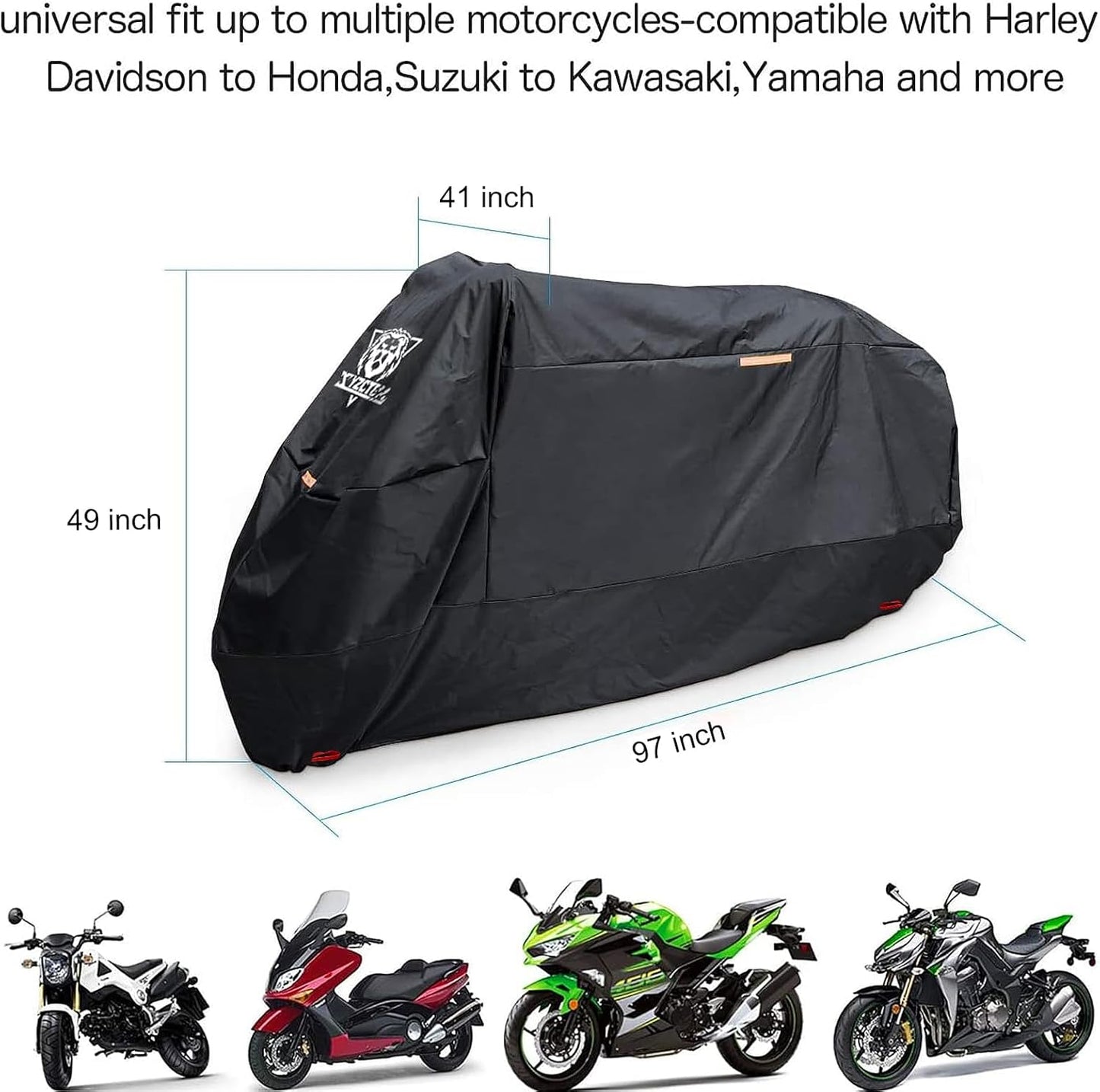XYZCTEM Motorcycle Cover -Waterproof Outdoor Storage Bag,Made of Oxford Material Fits up to 96 inch, Compatible with Harley Davison and All Motors(Black& Lockholes& Professional Windproof Strap)