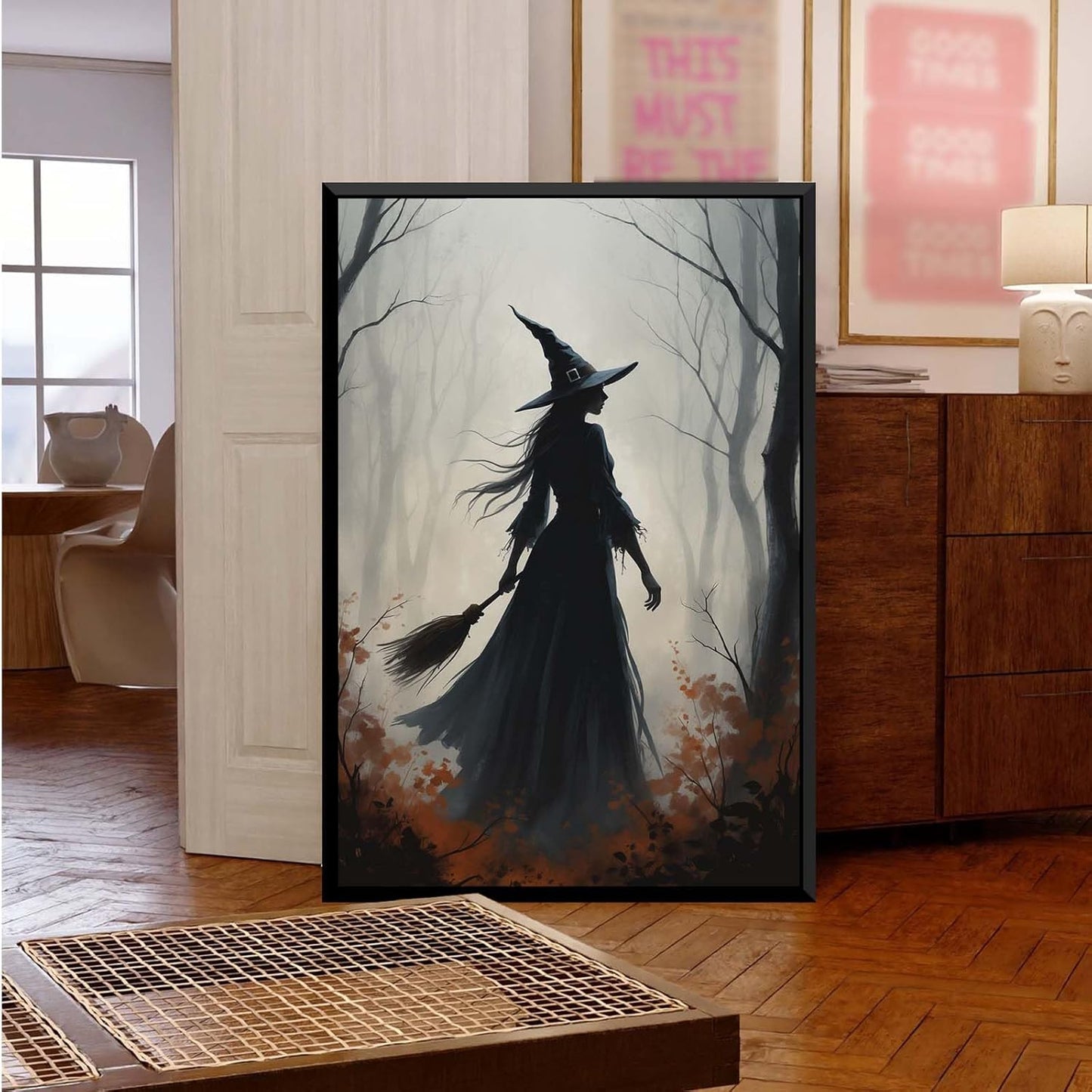 JFHCQJPK Vintage forest witch silhouette poster Halloween mural poster decoration mural art magic suitable for home living room bedroom16x24in Metal blackFramed