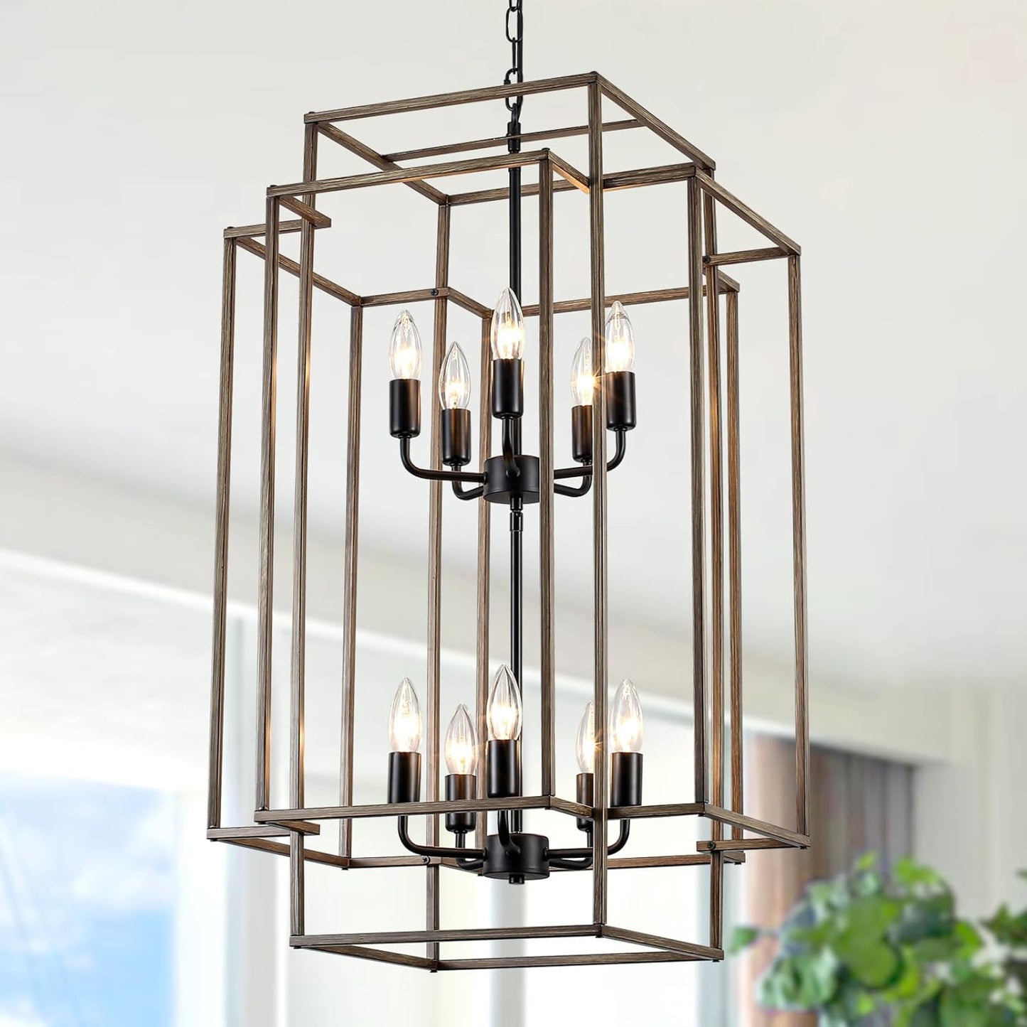 30" Black Farmhouse Chandelier, 10-Light Foyer Lighting Fixtures, Lantern Tiered Pendant Light Fixtures, Metal Wood Grain Finish Rustic High Ceiling Chandelier for Dining Room Entryway Staircase