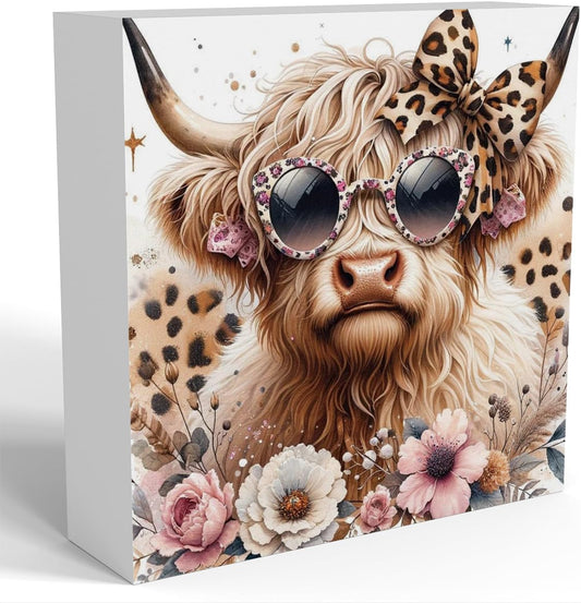 Highland Cow Decor, Highland Cow Gifts for women, Cow With Leopard Bow, Highland Cow Nursery Decor, Wooden Box Decor Sign for Home Farmhouse Office Living Room Table Shelf