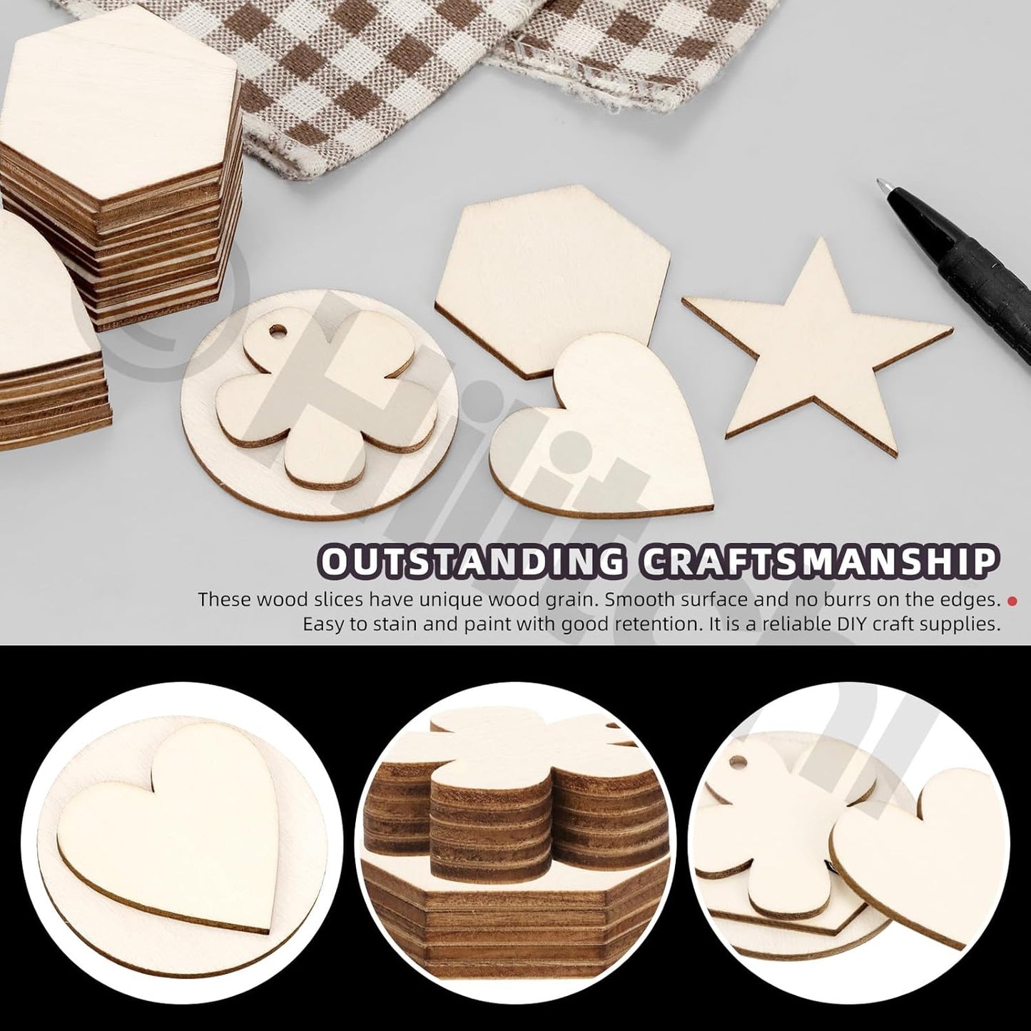 Hilitchi 200Pcs Multi Shape Unfinished Wooden Crafts DIY Wooden Cutouts Star Flower Circle Hexagon Heart Shapes Unfinished Wood Slices Ornament for DIY Crafts Home Decorations