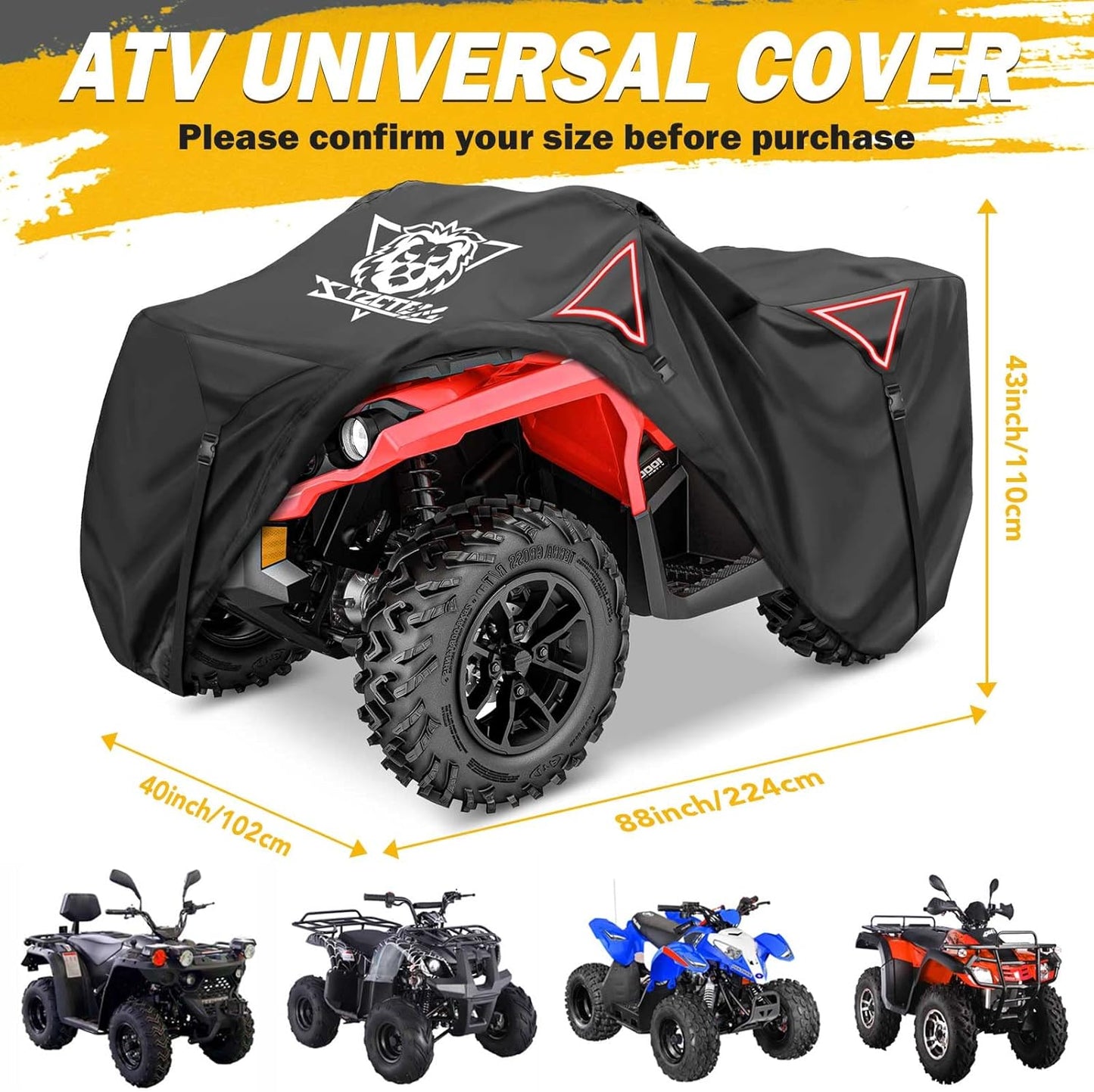 XYZCTEM Premium ATV Cover,Outdoor Protection Against Water, UV, Wind. Quad Cover for Can-am,Suzuki,Kawasaki, Honda, Yamaha, Polaris,and More.4 Wheeler Accessories with Thickened Straps(Black,88" L)