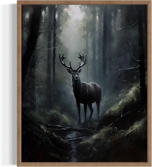 Deer in Forest Poster Art Print, Halloween Scary Vintage Wall Art Academia Spooky Painting Decoration for Horror Prints, Gothic Posters Bedroom Decor 89 (Deer in Forest, 16 x 20 inches, Wood Frame)