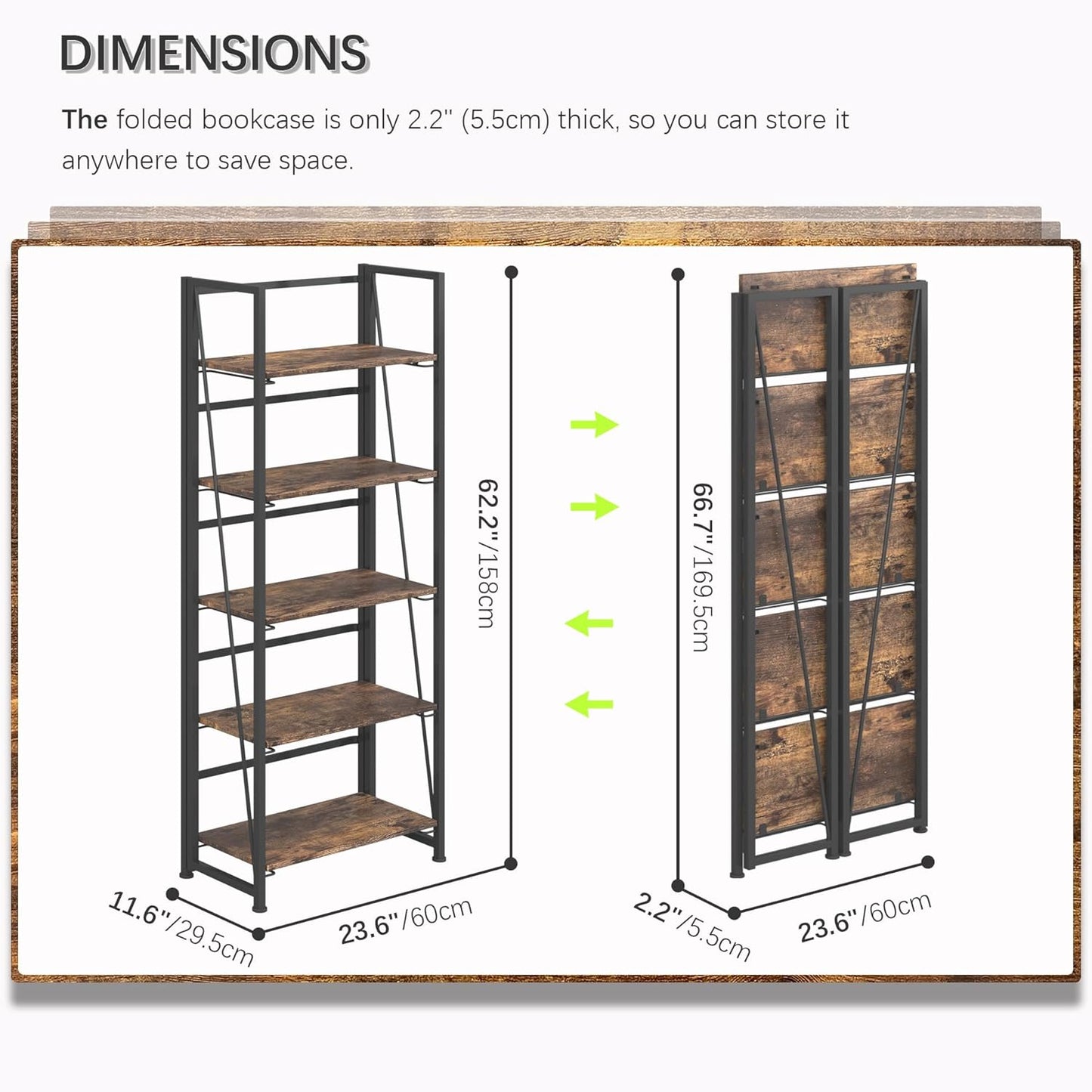 4NM No Assembly Foldable Bookshelf, 5-Shelf Collapsible Bookcase Storage for Small Spaces, 62.2" H, Rustic Brown and Black