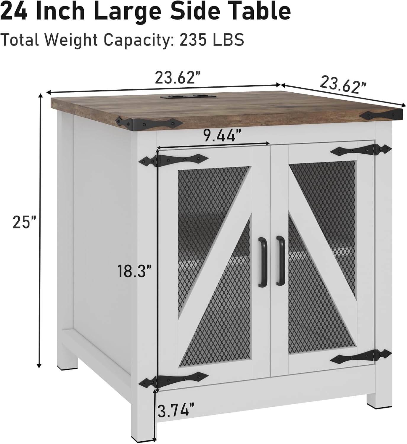 Farmhouse End Table, 24" Large Sofa Side Table with Charging Station, Mesh Barn Door, and Adjustable Storage Shelf, Rustic Wood Square Nightstand for Living Room, Bedroom, Office, White &Brown