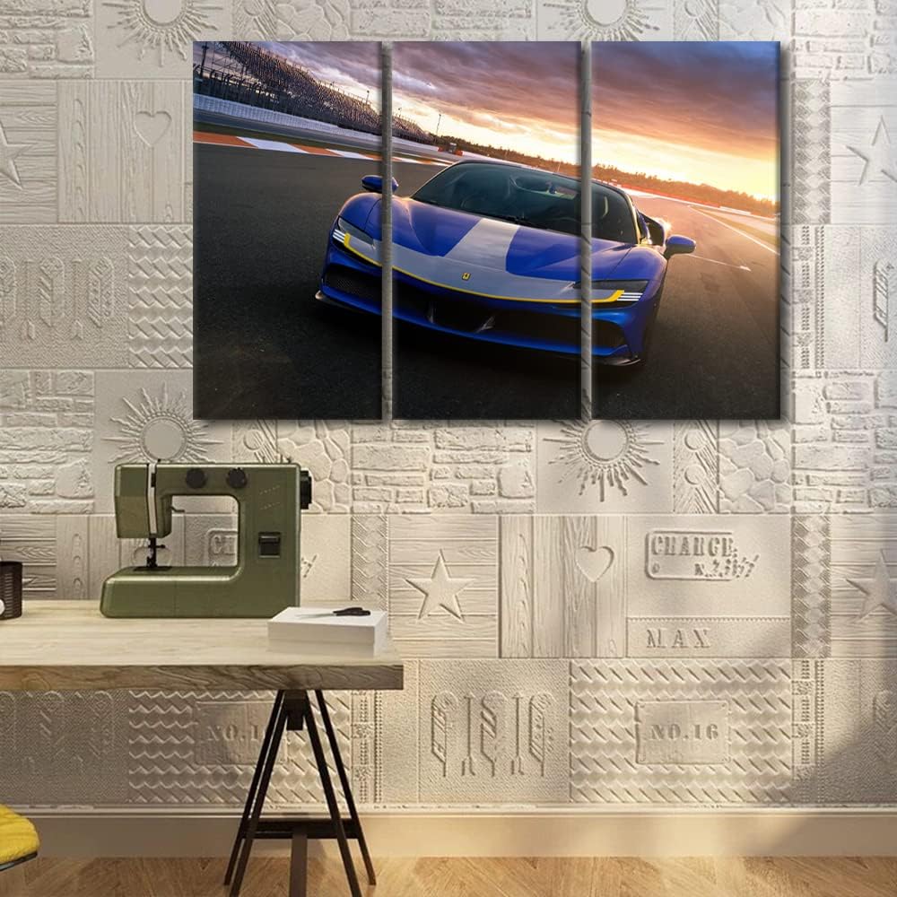 TUMOVO Sports Car at Sunset Canvas Paintings Blue Supercar on the Runway Bedroom Wall Art Contemporary Home Decor Bathroom Decor Wall Art Modern Artwork Ready to Hang for Living Room Office 60"Wx40"H