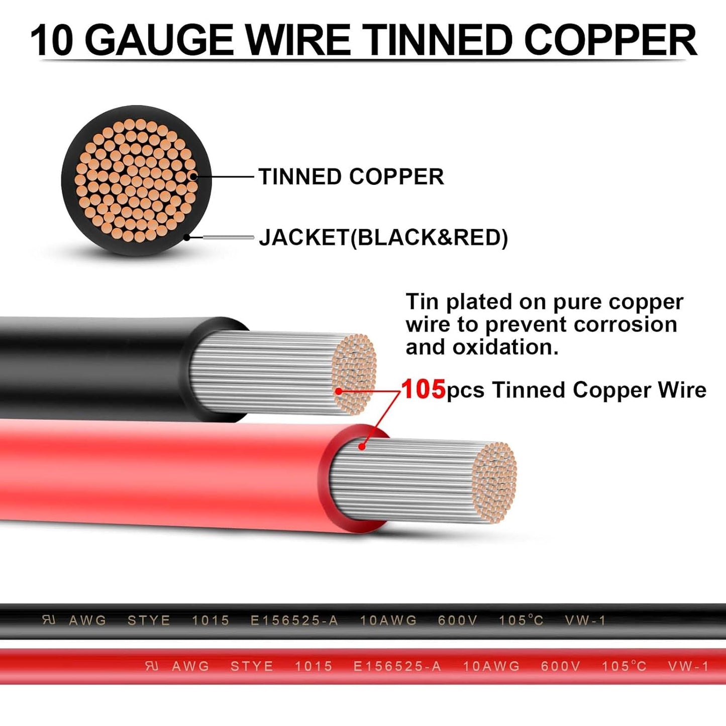 10 Gauge Wire - iGreely 100 FT Red & 100 FT Black 10 Gauge Tinned Copper Electrical Wire Cable for Solar Panel Car Audio Automotive Trailer Marine Harness Wiring 10AWG 100Ft