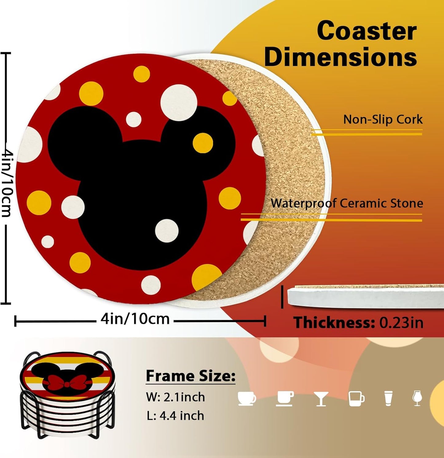 Cute Drink Coasters with Holder Set of 6, Red Yellow Absorbent Ceramic Cup Mat for Coffee Table Protection, 4 Inch Polka Dot Stripes Home Kitchen Decor Housewarming Gifts