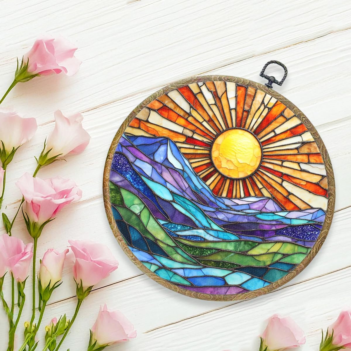 Colorful Mountain Sunset Bohemian Style Rainbow Sunrise Art Gift Framed Round Wall Decor Canvas Wall Art Hanging Prints Artwork for Home Nursery Bedroom Door Office Porch Decorations 10.2X10.2 Inch
