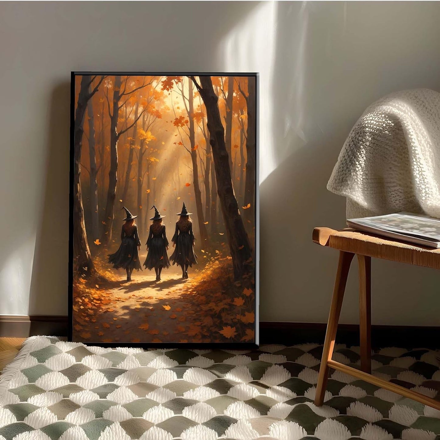 JFHCQJPK Three witches walking in the forest in autumn canvas painting gothic poster halloween print country witch wall art for home decoration24x36in Metal blackFramed