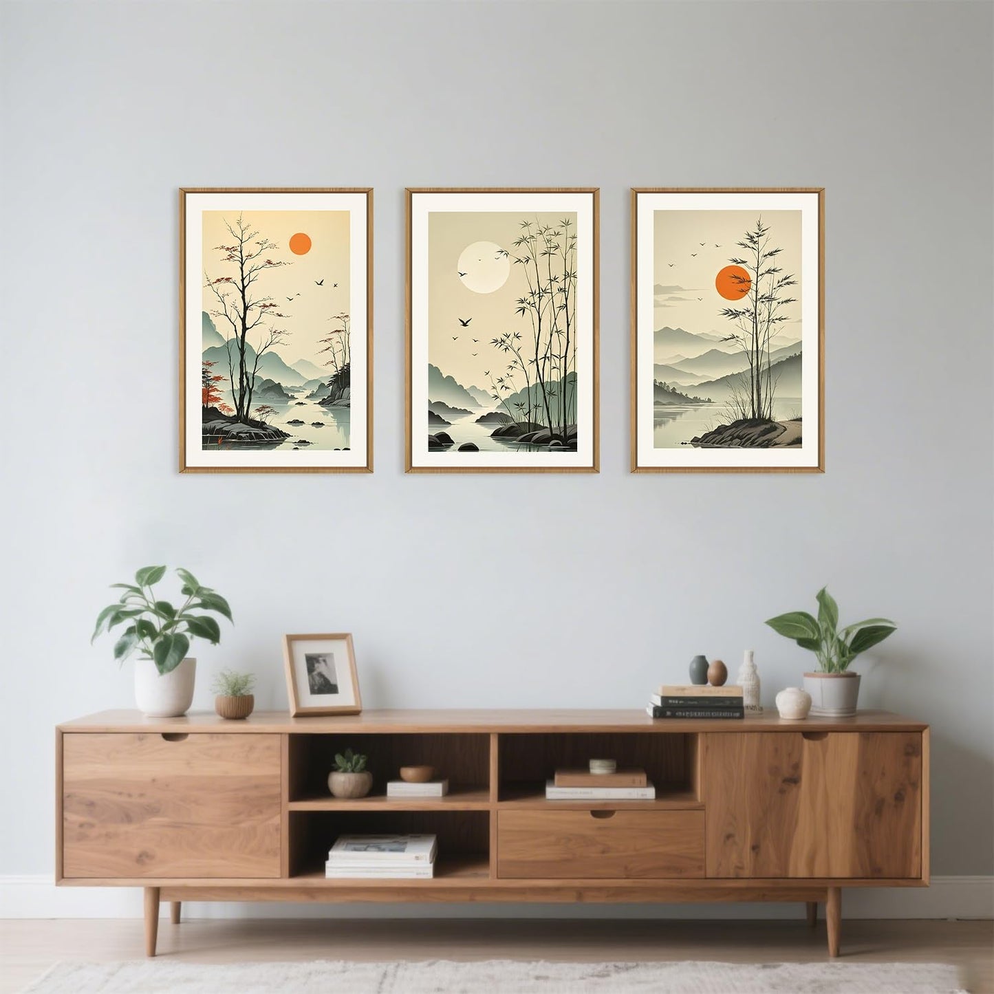Chinoiserie Bamboo Forest Framed Canvas Wall Art Set, Nature Tree Lakes Wall Decor, Minimalist Zen Landscape Wall Painting, Watercolor Art Prints for Living Room, Bedroom, Office 16"X24"X3
