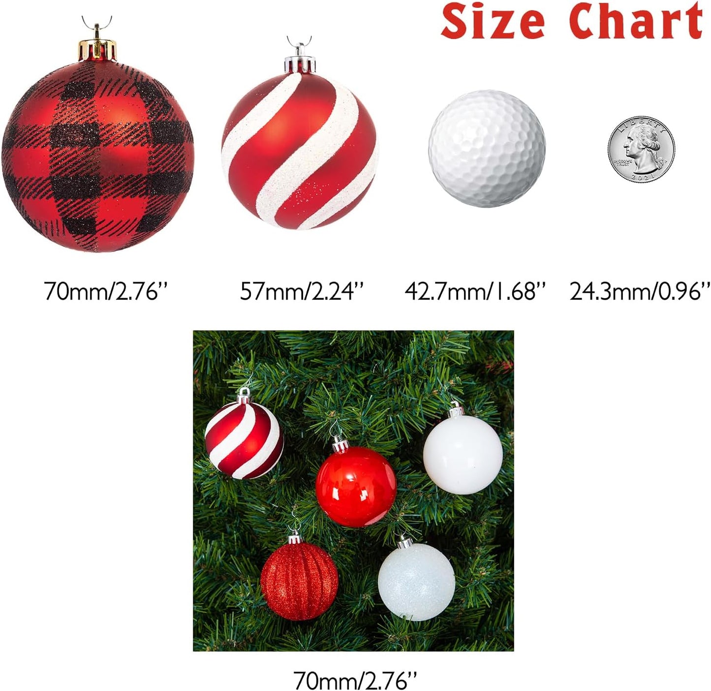 Every Day is Christmas Ornaments, Shatterproof Christmas Tree Ornament Set, Christmas Balls Decoration 35 Count (2.75"/70mm, Red White)