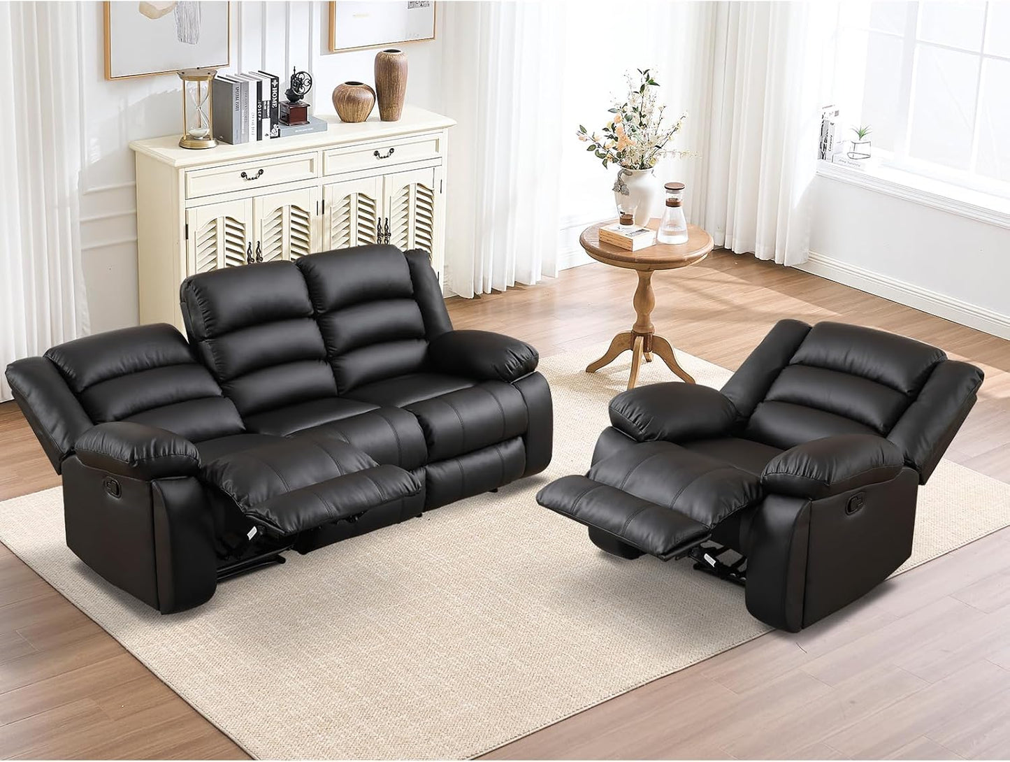 EBELLO Faux Leather Manual Recliner Sofa Set, 3 Seat Reclining Sofa, Couch Furniture Set for Living Room, Black