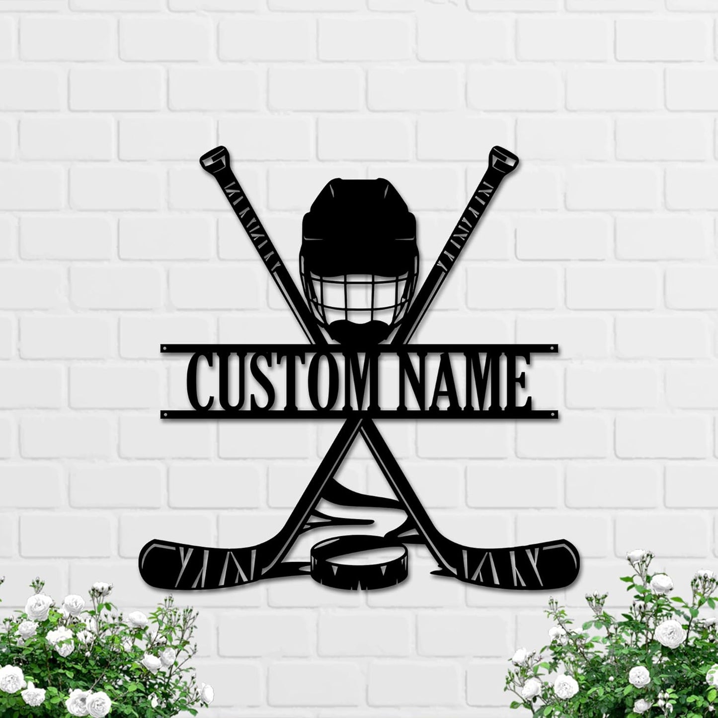 Hockey Metal Wall Art LED Sign – Custom Light Up Name Sign with Helmet & Sticks, 16-Color LED with Remote Control, Hockey Decor for Boys Room, Sports Fans