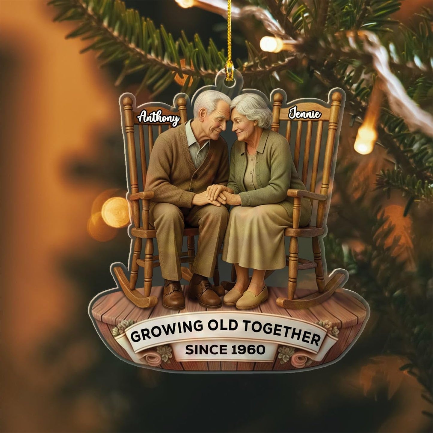 Old Couple Sitting On Rocking Chairs Growing Old Together Christmas Ornament 2025, Personalized Anniversary Shaped Ornament for Mr Mrs Husband Wife Dad Mom Grandpa Grandma, Custom Text Name Ornaments
