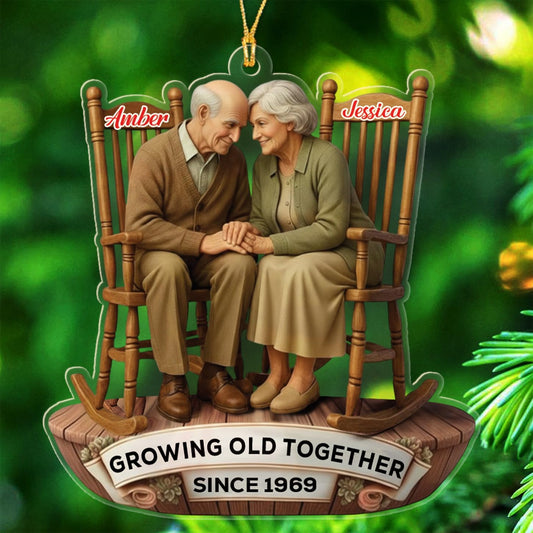 Custom Old Couple Sitting On Rocking Chairs Growing Old Together Since Christmas Ornament 2025, Personalized Year & Names Mr & Mrs Ornament Gift for Grandparents Grandpa Grandma/Husband Wife Dad Mom