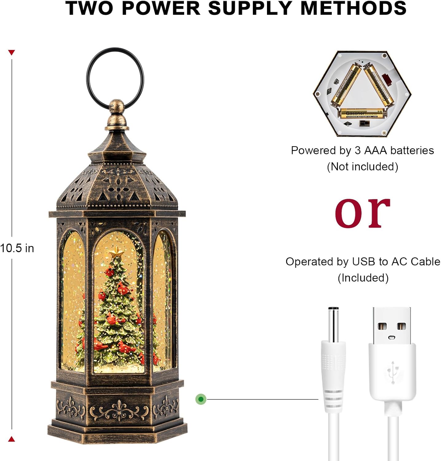 Lighted Christmas Tree Cardinal Music Snow Globe Water Lantern with Swirling Glitter Decoration for Christmas Home, Living Room, Battery Operated or USB Powered