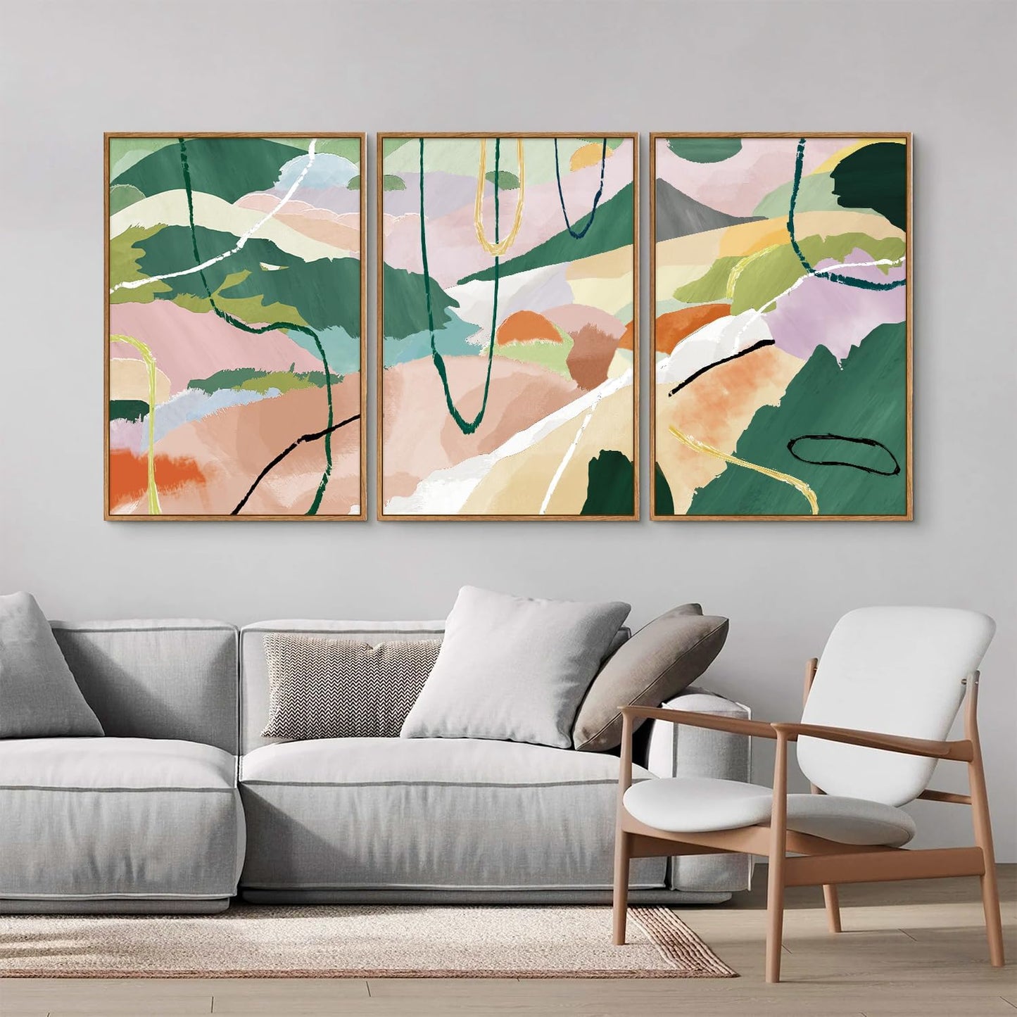 Tinonedraw Colorful Abstract Framed Canvas Wall Art Set of 3, Green and Pink Oils Inks Artwork, Neutral Modern Minimalist Wall Decor for Living Room, Bedroom, Office 16"x24"