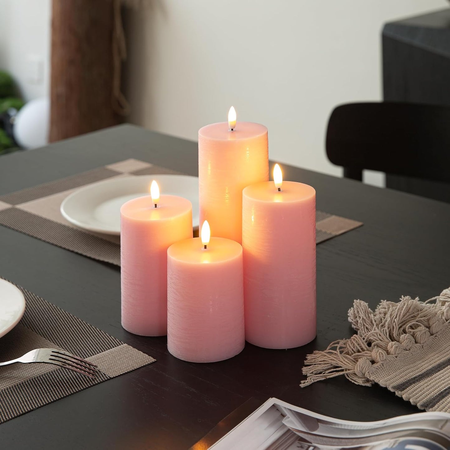 LUSHABOR Flameless Candles, 4 Pack Battery Operated Candles with Remote, Real Wax LED Fake Candles with Timer Flickering for Christmas Wedding Home Party D3 H 5" 6" 7" 9" Pink