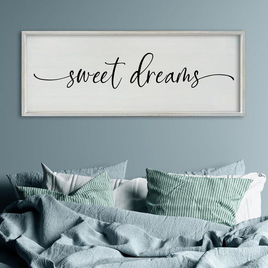 SRSZHIYUE Sweet Dreams Above Bed Wall Decor, 40"x15" Large Rustic Master Bedroom Over Bed Sign Guest Room Couples Wood Framed Farmhouse Horizontal Hanging Decoration (White)