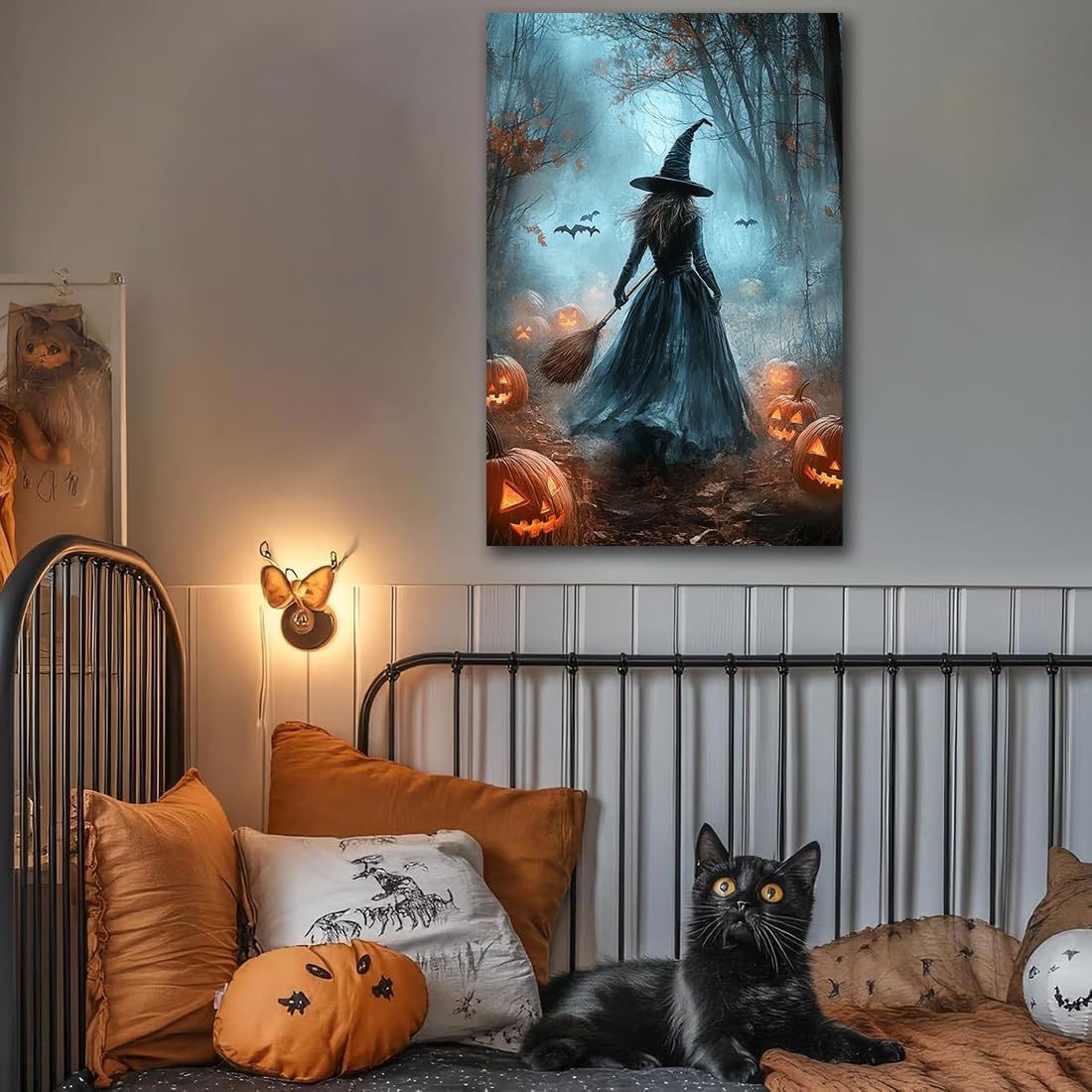 Vintage Moody Halloween Witch Artwork Wall Decor,Spooky Halloween Gothic Canvas Artwork Creepy Horror Witch with A Broom Pumpkin Bats Rustic Forest Picture,Dark Academia Poster,20"x30" Framed