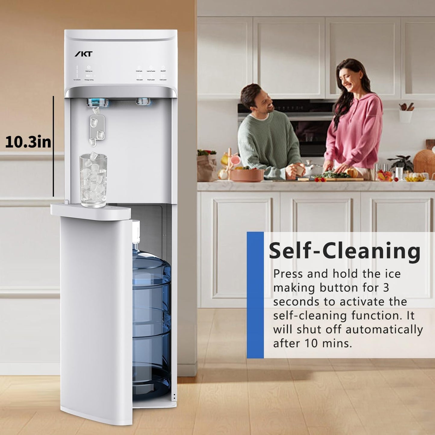 IKT Self-Cleaning Hot Cold and Room Water Cooler Dispenser and Maker Bottom Loading for 5 Gallon Bottle with Energy Saving Mode 22lbs Within 24hrs White